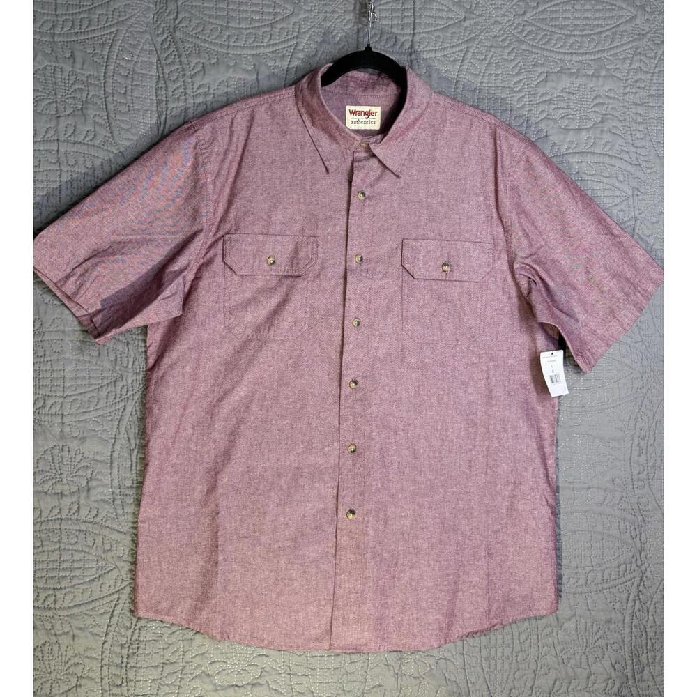 Wrangler Shirt Men Large L Short Sleeve Button Front Oxford NWT Cranberry Red‎